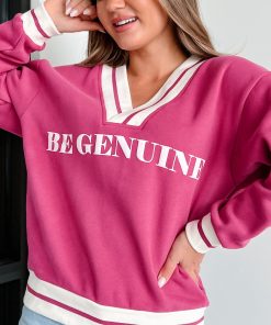 "Be Genuine" Varsity Stripe Graphic Sweater (Raspberry)