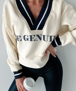 "Be Genuine" Varsity Stripe Graphic Sweater (Cream)