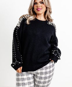 MODERN MUSE PEARL EMBELLISHED SWEATER IN BLACK CURVES