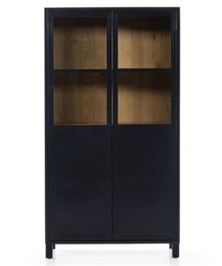 Zach Industrial Black Iron Brown Oak Interior 2 Glass Door 3 Shelf Display Cabinet