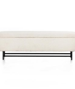 Zaara Industrial Loft White Upholstered Boucle Black Iron Frame Storage Bench