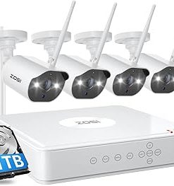 ZOSI Spotlight Security Camera Wireless System with 2-Way Audio,2K H.265+ 6CH CCTV NVR with 1TB Hard Drive,4pcs 1080P WiFi Outdoor Camera,Human Motion Alarm,Color Night Vision for Home 24/7 Recording