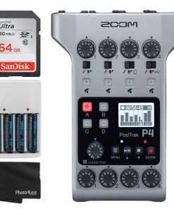 Zoom PodTrak P4 Portable Multitrack Podcast Recorder + 64GB Ultra SDXC Memory Card + 4X AA Batteries & Charger + Cleaning Cloth – Ultimate Podcasting Bundle