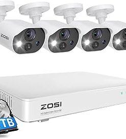 ZOSI Spotlight Home Security Cameras System with Audio, C303 8CH 5MP Lite DVR, 4 x 1080p Outdoor Cameras, Night Vision, Person Vehicle Detection, Light&Siren Alarm, 1TB HDD for 24/7 Recording