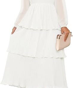ZESICA Women's 2024 Long Sleeve Crew Neck Ruffle Tiered Layered Chiffon Flowy Swing Long Midi Dress