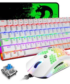 ZIYOU LANG 80% Mechanical Gaming Keyboard and Mouse Mousepad,3 in 1 Gaming Set,Rainbow LED Backlit,RGB 12000 DPI Lightweight Gaming Mouse with Honeycomb Shell,Large Mouse Pad for PC Gamer(White)