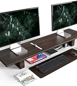 "WEGASTU Solid Wood Rustic Desk Monitor Stand with Storage，Large Dual Monitor Stand Riser for Laptop Computer/TV/PC/Printers, Perfect Desktop Stands Organizer with Underneath Storage for Office