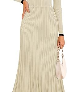 ZESICA Women's Long Sleeve Sweater Dress 2024 Fall Crewneck Ribbed Knit Pleated A-Line Maxi Wedding Guest Dresses