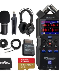 Zoom H4essential Handy Recorder Bundle with Zoom ZDM-1 Podcast Mic Pack with Headphones, Windscreen, XLR Cable and Tabletop Stand, Zoom BTA-1 Bluetooth Adapter, 64GB microSDXC Memory Card, and More