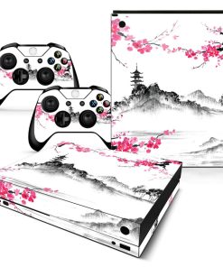 ZOOMHITSKINS Compatible for Xbox One X Skin, Xbox One X Controller Skin and Console Skin, Japanese Cherry Blossom Pink Temple Flower Sakura, Durable & Fit, 3M Vinyl, Easy to Install, Precise Cut-outs