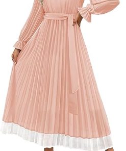 ZESICA Women's 2024 Fall Long Sleeve Chiffon Dress Casual Crew Neck Pleated A Line Flowy Midi Dresses with Belt