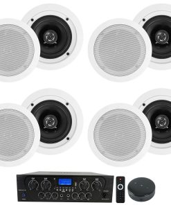 (1) Rockville RPA40BT 1000w 4 Zone Home Stereo Bluetooth Amplifier Receiver Bundle with (8) Rockville HC55 White 5.25" in-Ceiling Home Theater Speakers + (1) Rockville Mini WiFi Receiver (6 Items)