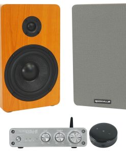 (1) Rockville BLUAMP 21 2.1 Channel Bluetooth Home Audio Amplifier Bundle with (1) Pair Rockville RockShelf 54C 360w Wood 5.25" Home Theater Bookshelf Speakers + (1) Smart WiFi Receiver (3 Items)