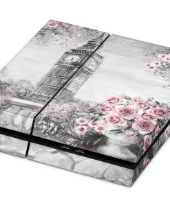 ZOOMHITSKINS Compatible with PS4 Skin, Compatible for Playstation 4, London Big Ben Roses Black White Pink Romantic Europe, 1 PS4 Console Skin, Easy to Install, 3M Vinyl Decal, Made in The USA