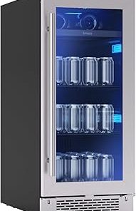 Zephyr Brisas 15 Inch Slim Beverage Fridge Single Zone Under Counter - Narrow Mini Wine & Drink Cooler Small Cabinet Wine Refrigerator Home Bar Freestanding with Glass Door - 4 Bottles, 64 Cans