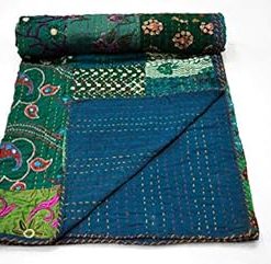 YUVANCRAFTS Indian Handmade Cotton Kantha Quilt Traditional Patch Work Queen Quilt Blanket Bedspreads Throw