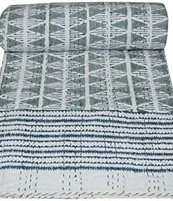 YUVANCRAFTS Indian Hand Block Floral Print Kantha Quilt Handmade Vintage Queen Size Cotton Kantha Throw Blanket Bedspread (Multi Color, Queen Size)