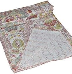 YUVANCRAFTS Traditional Beautiful Floral Screen Print Kantha Quilt Handmade Pure Cotton Queen Quilt Blanket Bedspreads Throw