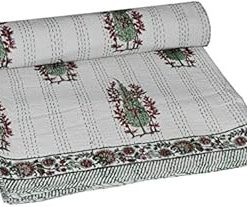 YUVANCRAFTS Indian Floral Print Kantha Quilt Hand Block Print Pure Cotton Handmade Queen Quilt Blanket Bedspreads Throw