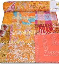 YUVANCRAFTS Patchwork Cotton Kantha Quilt - Indian Traditional Handmade Bedding Vintage Multi Color Quilt Blanket (Queen (90"x108"), Assorted Patchwork2)