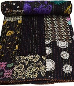 YUVANCRAFTS Indian HandmadePatchwork Kantha Quilt Pure Cotton Traditional Print Kantha Quilt Queen Blanket Bedspreads Throw