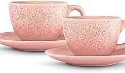 'Wild Rose' Handpainted Ceramic Mug Ceramic Cups Set For Tea Of 2 Hand-Etched Flower Design Coffee Set & Tea Cups Set Of 2 With Saucer(170 Ml, Pastel Pink, Microwave & Dishwasher Safe)