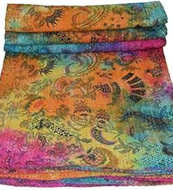 YUVANCRAFTS Traditional Mukut Print Kantha Quilt Handmade Pure Cotton Tie Dye Print Kantha Quilt Queen Blanket Bedspreads Throw