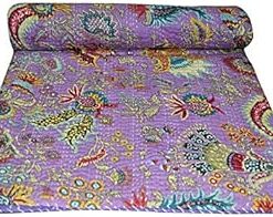 YUVANCRAFTS Indian Mukut Screen Print Kantha Quilt Handmade Pure Cotton Traditional Print Queen Quilt Blanket Bedspreads Throw