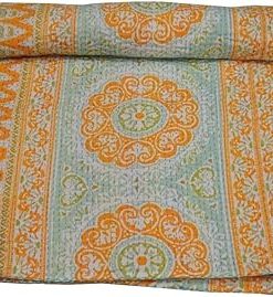 YUVANCRAFTS Indian Floral Print Kantha Quilt Pure Cotton Handmade Traditional Print Kantha Quilt Queen Blanket Bedspreads Throw