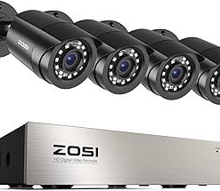 ZOSI 3K Lite Security Camera System Indoor Outdoor,AI Human/Vehicle Detection,Night Vision,Remote Access,4pcs 1080P 1920TVL Weatherproof Surveillance Cameras,H.265+ 8CH 5MP Lite CCTV DVR(NO HDD)