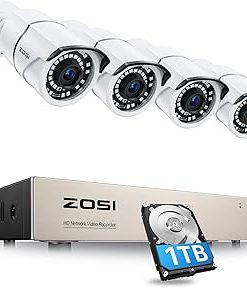 ZOSI 8CH 5MP PoE Home Security Camera System,H.265+ 8 Channel 5MP NVR with 1TB Hard Drive,4pcs Wired 5MP Outdoor Indoor PoE IP Cameras,120ft Night Vision,Motion Alert,Remote Access for 24/7 Recording