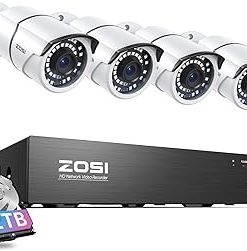 ZOSI 8CH 4K PoE Home Security Camera System, 8 Ports 16CH 8MP NVR with 2TB HDD, 4pcs 5MP Outdoor PoE IP Cameras, 120ft Night Vision, Motion Detection, Remote Access, for 24/7 Recording