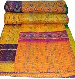 YUVANCRAFTS Patchwork Cotton Kantha Quilt - Indian Traditional Handmade Bedding Vintage Multi Color Quilt Blanket