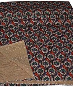 YUVANCRAFTS Indian Peacock Screen Print Kantha Quilt Handmade Pure Cotton Traditional Print Queen Quilt Blanket Bedspreads Throw