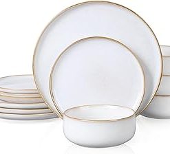 Zulay Kitchen Luna Plates and Bowls Sets, 16 Piece Modern Porcelain Dish Set for 4, Chip and Scratch Resistant Square Dinnerware Set, Microwave and Dishwasher Safe, Pearl White