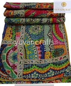 YUVANCRAFTS Patchwork Cotton Kantha Quilt - Indian Traditional Handmade Bedding Vintage Multi Color Quilt Blanket (Queen (90"x108"), Multi Patch 1)