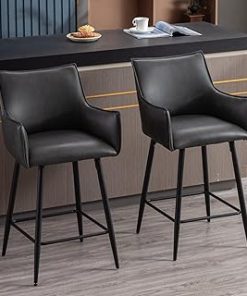 ZHENGHAO 26" Counter Height Bar Stools Set of 2 Leather Barstools with Arms Upholstered Kitchen Counter Stools Modern Metal Bar Chairs for Breakfast/Dining Room/Living Room, Charcoal