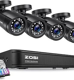 ZOSI 1080P Home Security Camera System, H.265+ 8CH 5MP Lite CCTV DVR Recorder with 1TB HDD and 4 x 1080P Weatherproof Surveillance Bullet Camera Outdoor Indoor, 80ft Night Vision, Motion Alerts