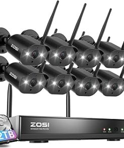ZOSI 8CH 2K Wireless Security Camera System Outdoor Indoor, 8 X 3MP WiFi IP Camera with Color Night Vision, Plug-in, Spotlight, 2-Way Talk, Light & Siren Alarm, 2TB HDD for 24/7 Recording