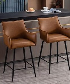 ZHENGHAO 26" Counter Height Bar Stools Set of 2 Leather Barstools with Arms Upholstered Kitchen Counter Stools Modern Metal Bar Chairs for Breakfast/Dining Room/Living Room, Brown