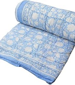 YUVANCRAFTS Indian Hand Block Floral Print Kantha Quilt Handmade Vintage Queen Size Cotton Kantha Throw Blanket Bedspread (Green, Twin Size)