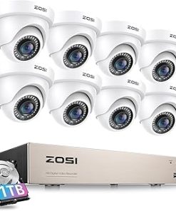 ZOSI 8CH Home Security Camera System Outdoor Indoor,H.265+ 8Channel 1080P DVR with 1TB HDD,8pcs Weatherproof Surveillance CCTV Dome Cameras,Night Vision,Motion Detection,for 24/7 Recording