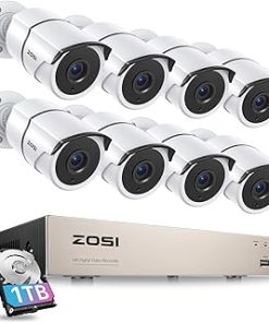ZOSI 3K Lite Home Security Camera System with Audio,AI Human/Vehicle Detection,Night Vision,8 Channel H.265+ CCTV DVR with 1TB HDD,8pcs 1920TVL Indoor Outdoor Surveillance Cameras,for 24/7 Recording