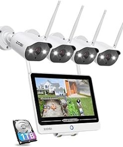 ZOSI 8CH WiFi Security Camera System with 12.5'' LCD Monitor,4pcs 2K Home Plug-in Cameras,Color Night Vision,2 Way Audio,1TB HDD for 24/7 Recording