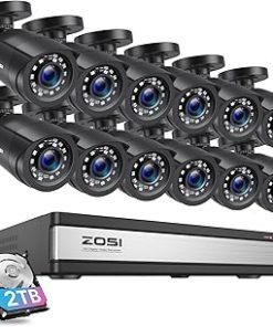 ZOSI 3K Lite 16 Channel Security Camera System Outdoor,AI Human Vehicle Detection,Night Vision,12pcs 2MP Weatherproof Surveillance Camera,H.265+ 16CH 1080P CCTV DVR with 2TB HDD for 24/7 Recording