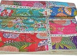 YUVANCRAFTS Indian Handmade Patch Work Kantha Quilt Pure Cotton Traditional Floral Print Queen Quilt Blanket Bedspreads Throw