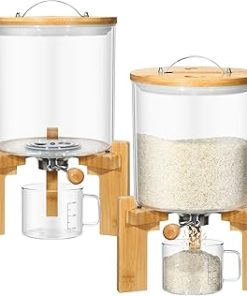 Zhehao 2 Pcs Glass Rice Dispenser 5L Flour Cereal Rice Storage Container Creative Rice Holder with Wooden Stand, Airtight Lid and Measuring Cup for Pantry Sugar Coffee Beans Kitchen Food Organization