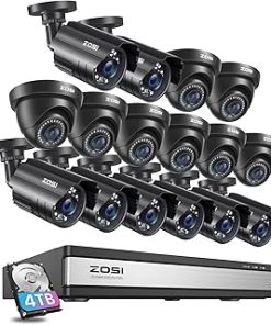 ZOSI 16CH Security Camera System Outdoor Indoor,16pcs 1080p Surveillance CCTV Cameras,Night Vision,Motion Alerts,Remote Access,H.265+ 16Channel DVR with 4TB HDD for 24/7 Recording