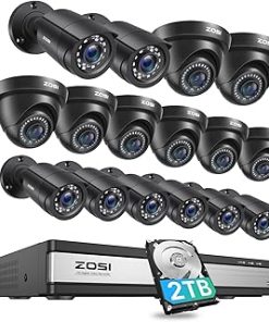 ZOSI 1080p 16 Channel Security Camera System, H.265+ 16CH DVR, 16 x 2MP Weatherproof Surveillance CCTV Bullet Dome Camera Outdoor, AI Human Vehicle Detect, 80ft Night Vision, 90° View Angle, 2TB HDD