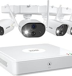 ZOSI C301 Spotlight Battery Powered Wireless Security Camera System,4CH NVR with 4pcs 1080p Rechargeable Wire-Free Outdoor Cameras,80ft Night Vision,PIR Motion Detection,2-Way Audio,32GB SD Card